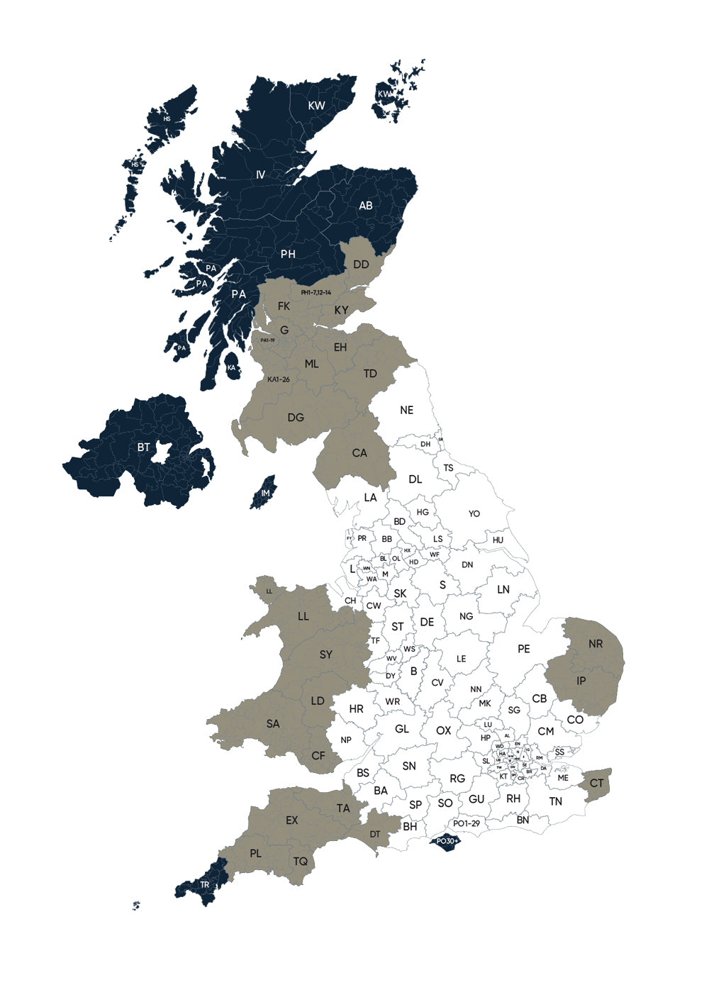 Map of the UK sectioned for install postcodes 