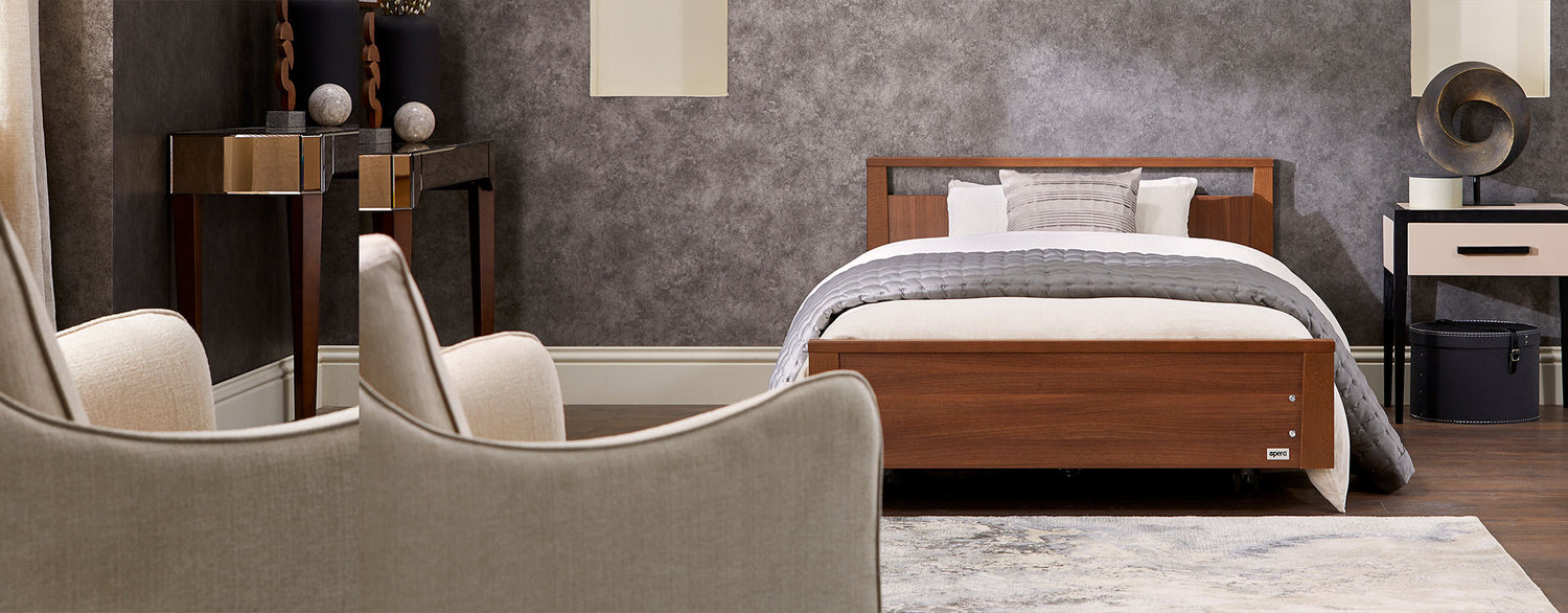 Walnut wood finish Opera profiling bed in a modern styled bedroom.