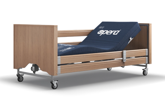 Unenclosed Oak Classic Profiling Bed With Side Rails and a Raised Undressed Mattress