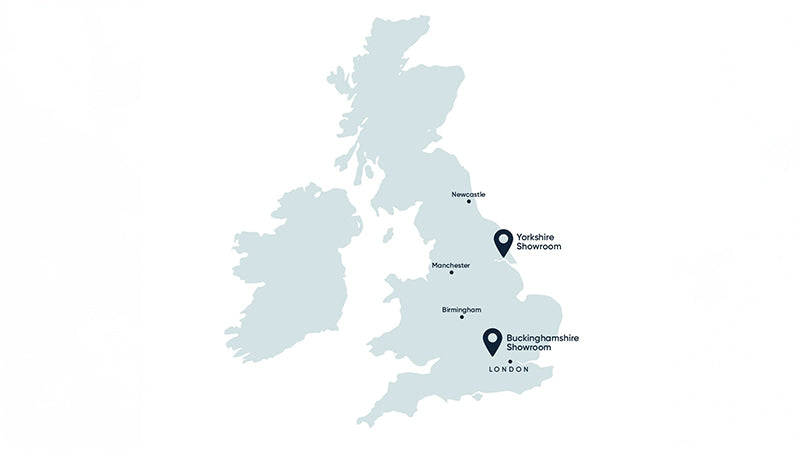 Blue map of the UK showing the location of the Yorkshire Showroom and the Buckinghamshire Showroom