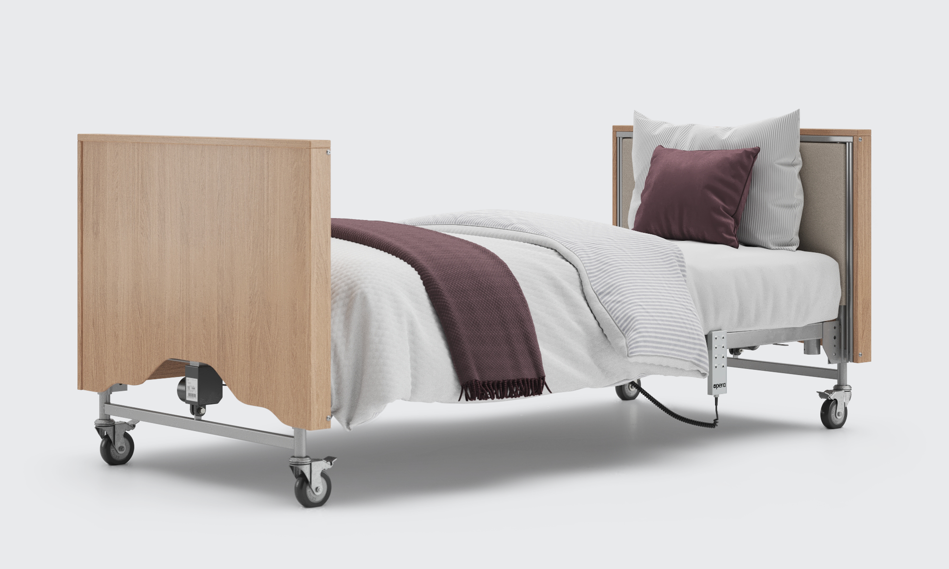 Classic oak and linen upholstered bed and mattress with enclosed ends and no side rails