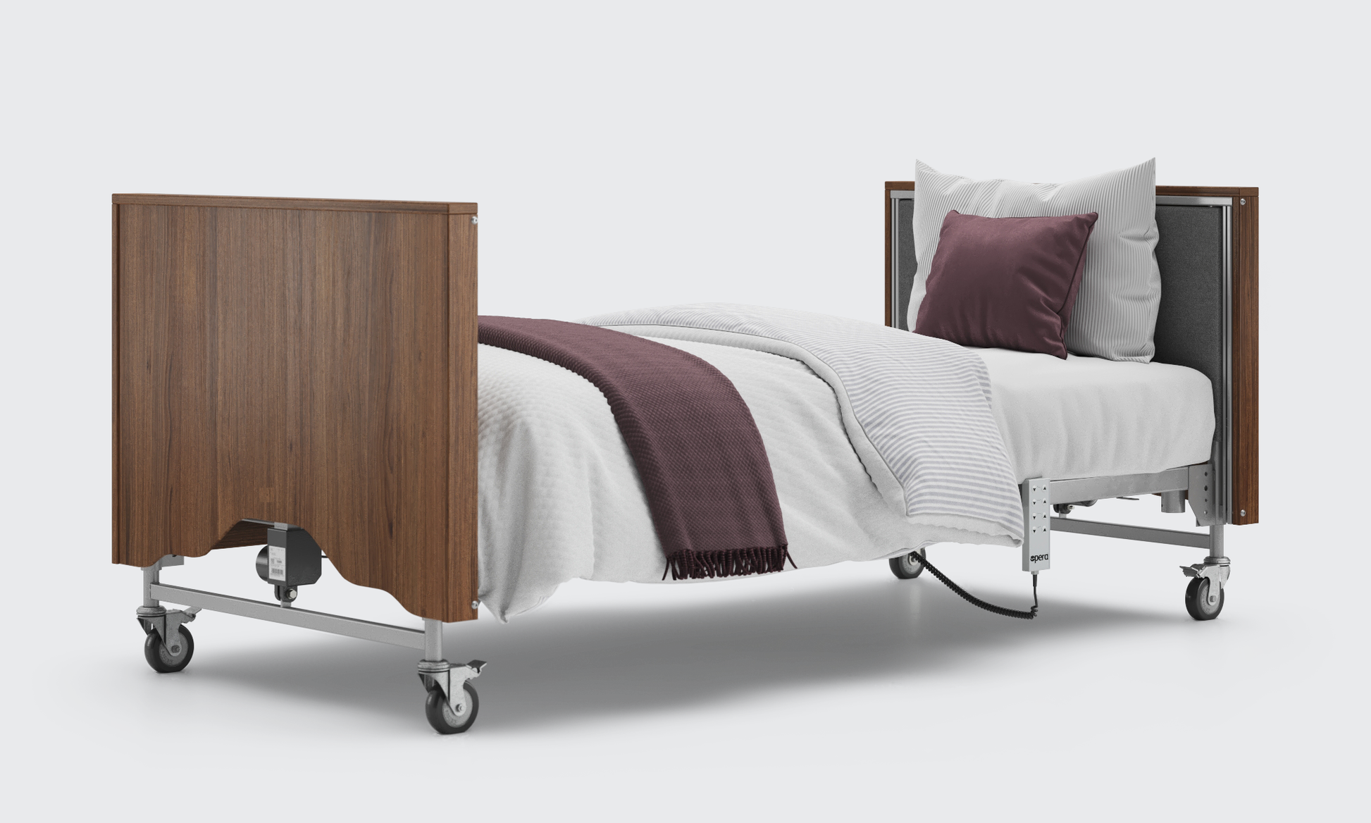 classic walnut and anthracite bed and mattress with enclosed ends and no side rails