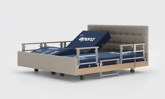 signature comfort 6ft bed with oak rails in the linen material and emerald bed undressed