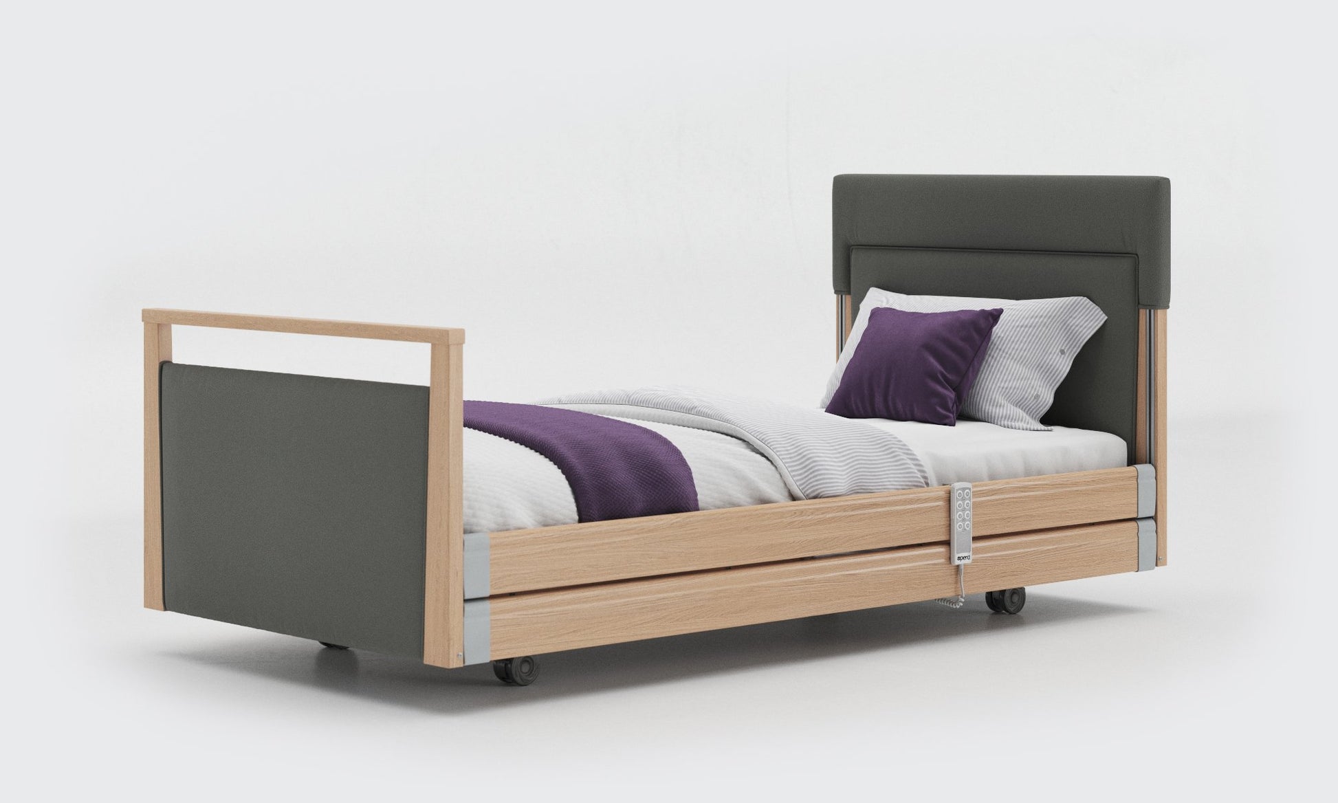 signature bed upholstered 3ft in oak with side rails in lichtgrau leather