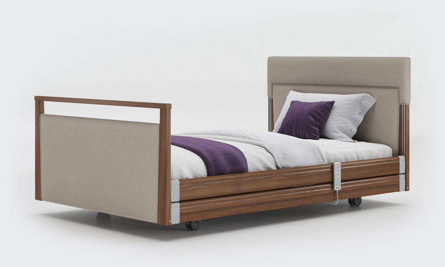 signature bed upholstered 4ft walnut with rails in linen fabric