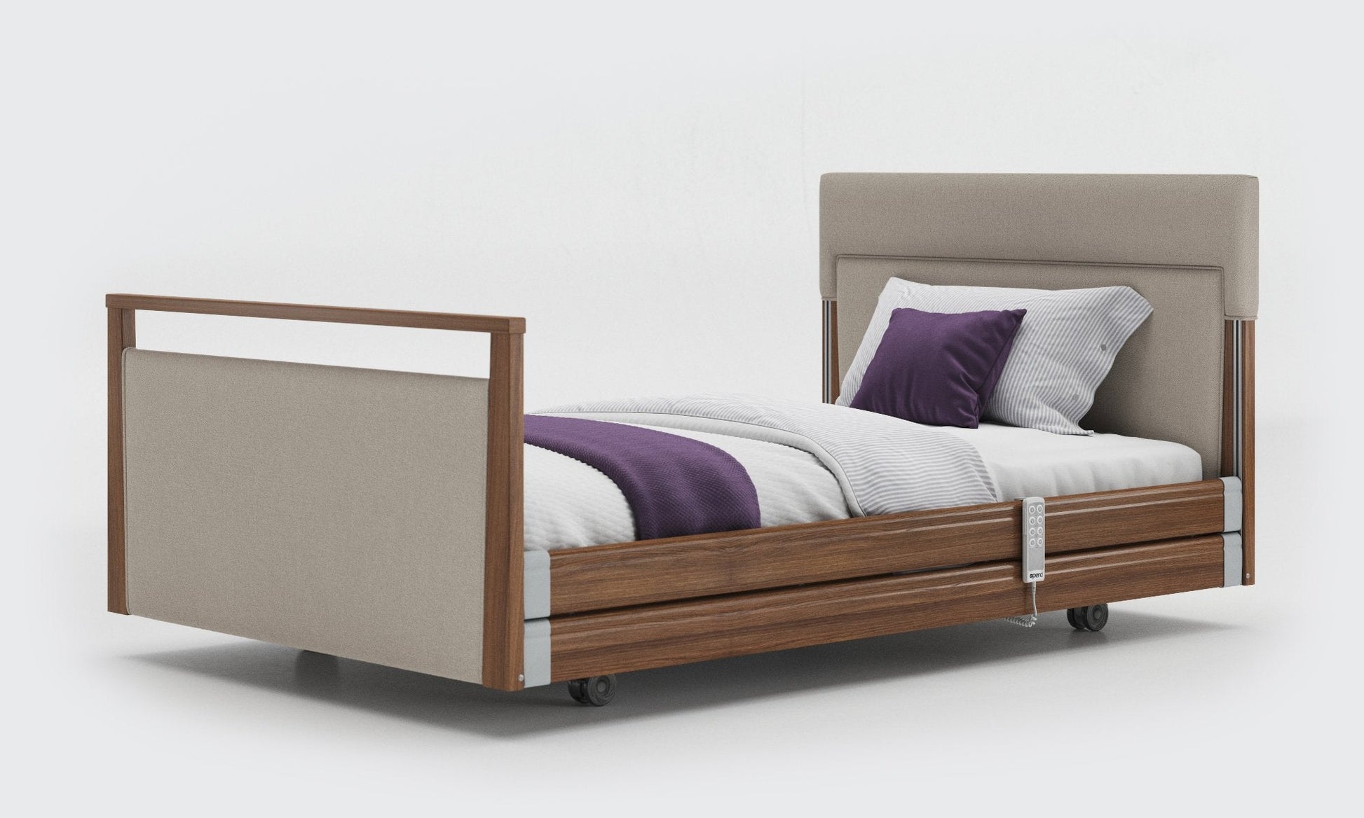 signature bed upholstered 4ft walnut with rails in linen fabric