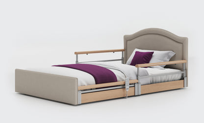solo comfort plus bed 4ft with oak split rails with a pearl headboard in linen fabric 
