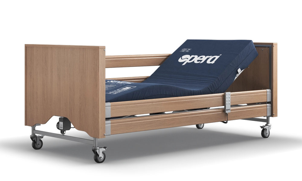 Unenclosed Oak Classic Profiling Bed With Side Rails and a Raised Undressed Mattress