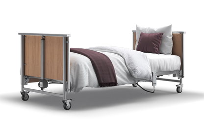 classic oak bed with unenclosed end and no side rails

