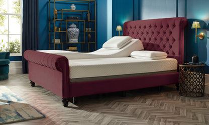 dalta adjustable bed in wine velvet showing the dual function