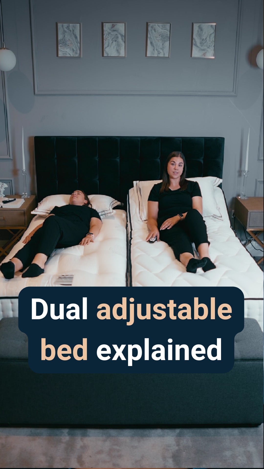 Two women, one lying on each side of an adjustable bed, with a caption reading: Dual adjustable bed explained