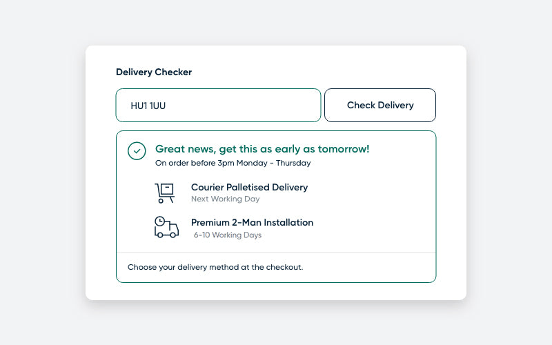 Delivery Checker showing delivery options for a specific postcode