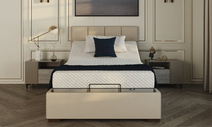 Hagen 4ft bed in linen with an opal headboard on a head on view 