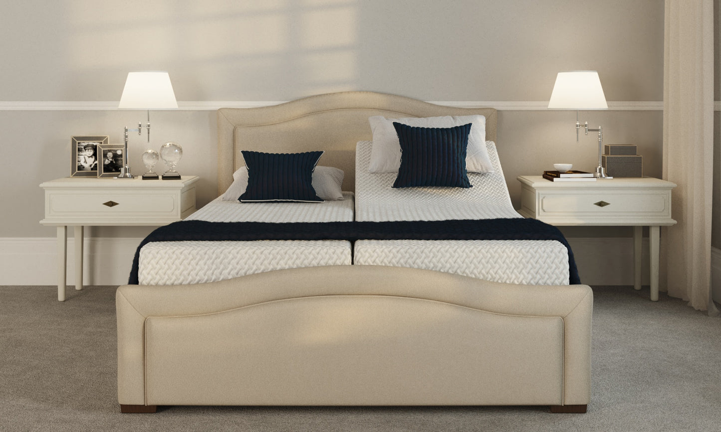 head on view of the Edel 5ft bed and mattress in the linen material with the pearl headboard