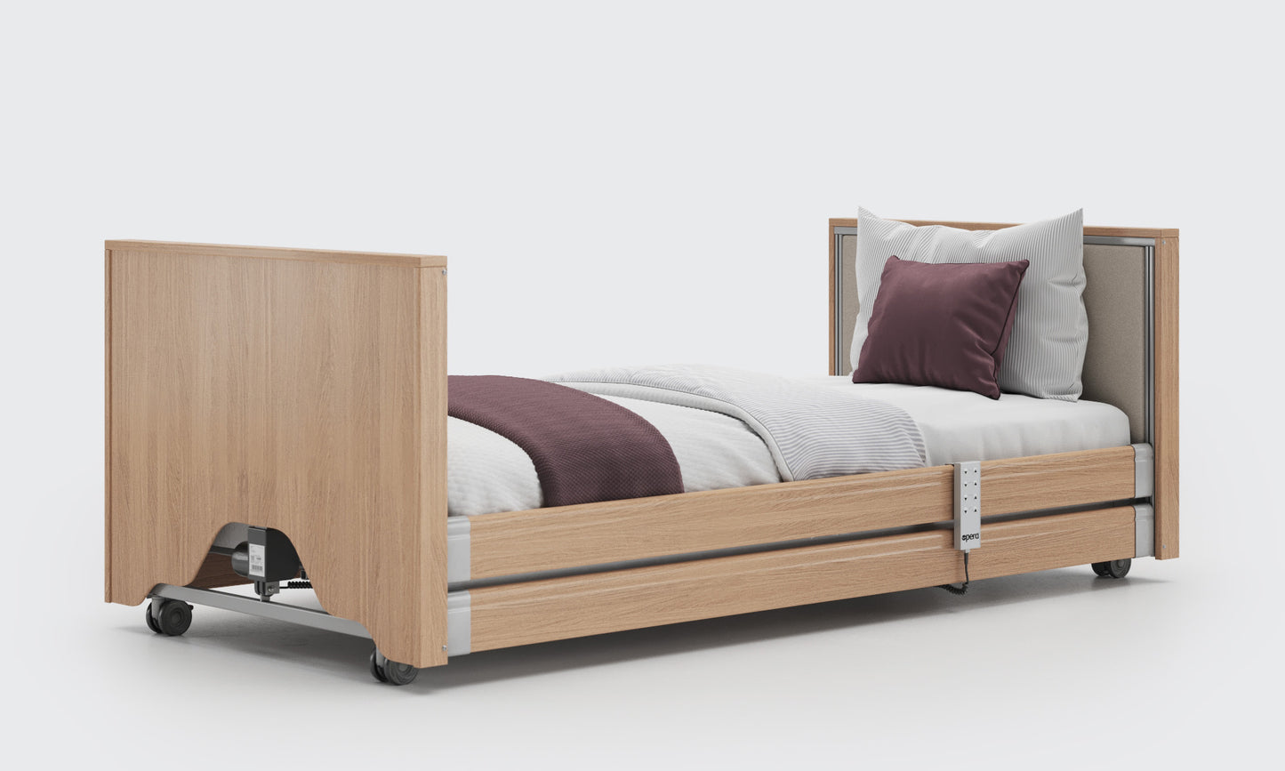 low classic upholstered bed in oak and linen with side rails