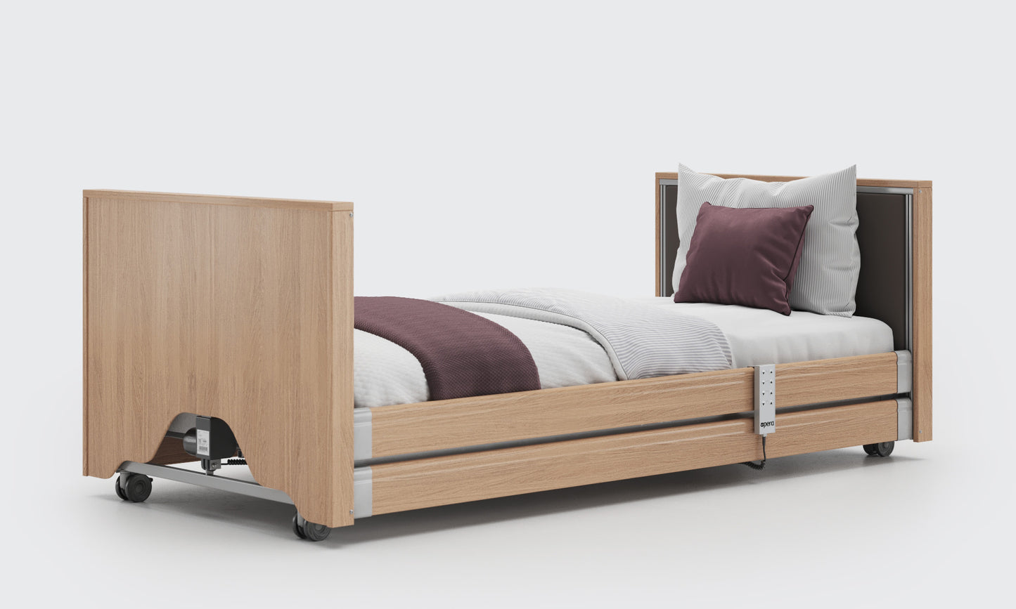 low classic upholstered bed in oak and meteor leather with side rails