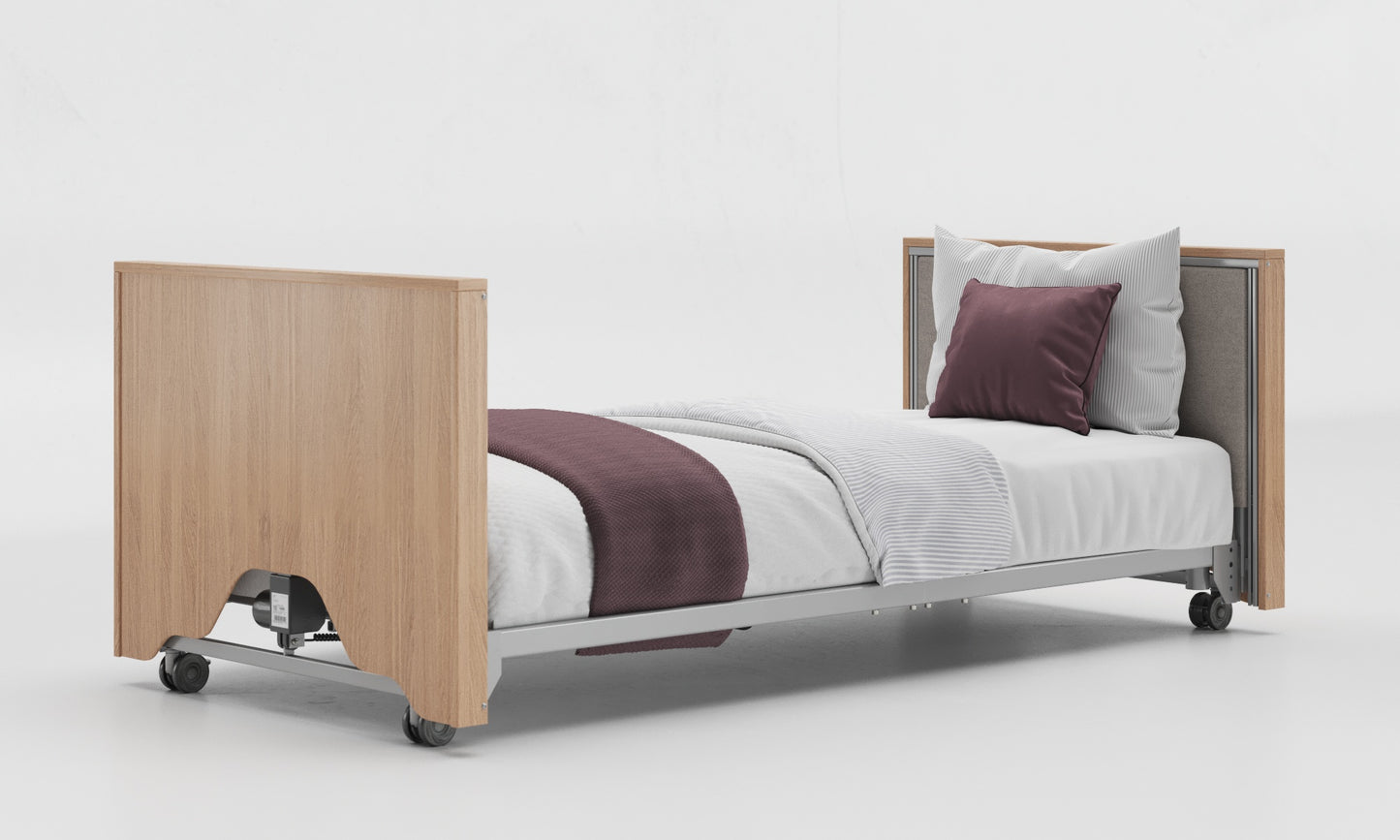 low classic upholstered bed in oak and zinc