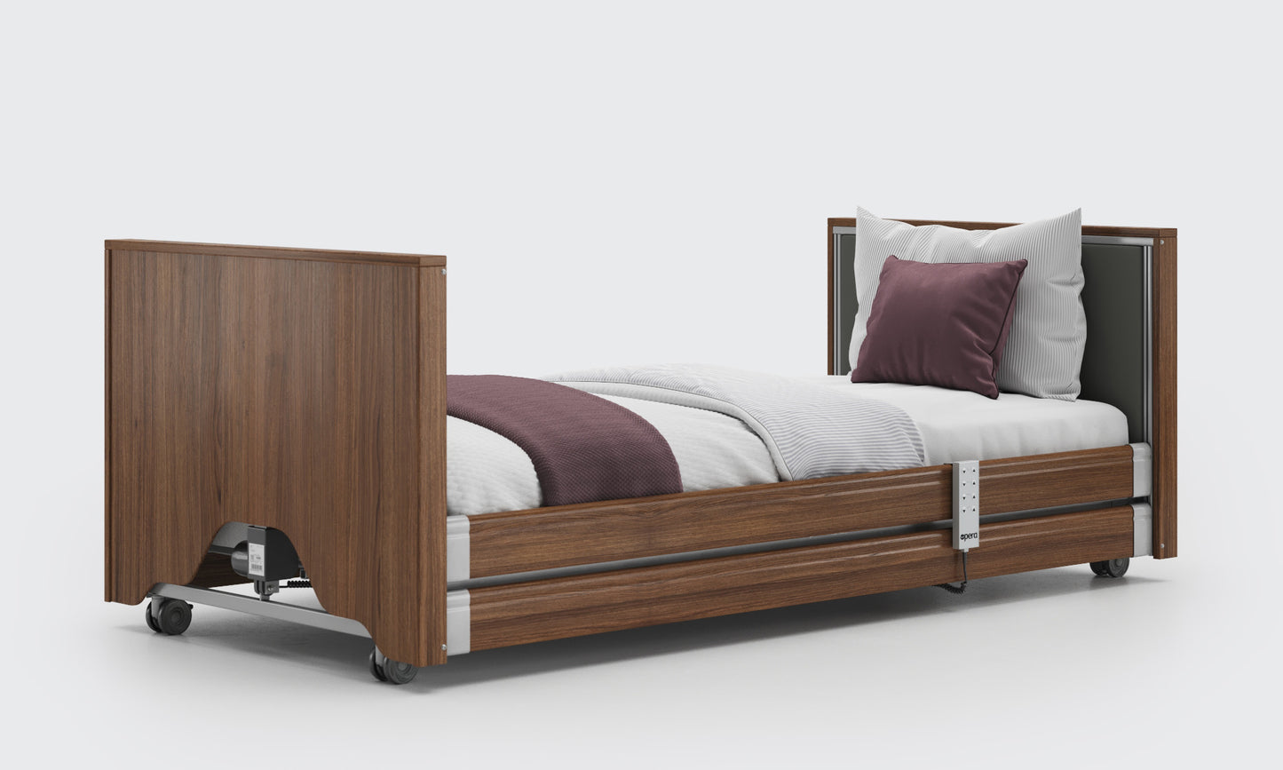 low classic upholstered bed in walnut and anthracite with side rails