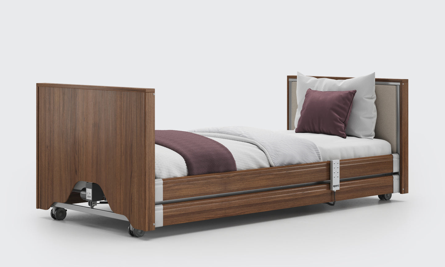 low classic upholstered bed in walnut and linen with side rails