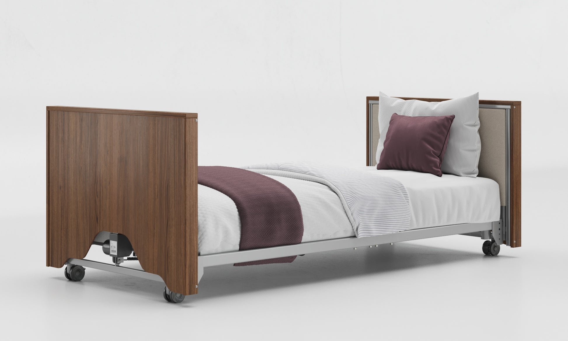 low classic upholstered bed in walnut and linen
