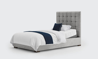 stratton 4ft bed and mattress in the silver velvet material 