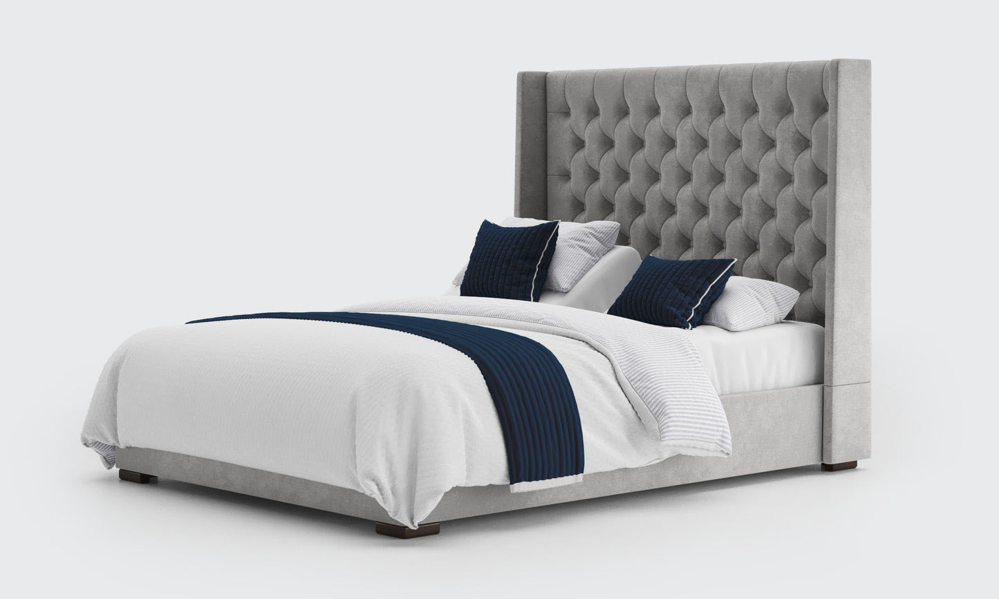 kensington 5ft king dual bed and mattress in the Silver velvet material