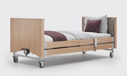 classic upholstered bed in oak and zinc with side rails