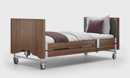 classic upholstered bed in walnut and anthracite fabric with side rails