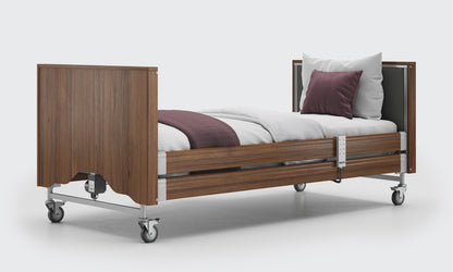 classic upholstered bed in walnut and anthracite with side rails