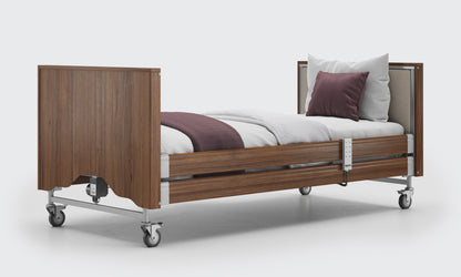 classic upholstered bed in walnut and linen with side rails