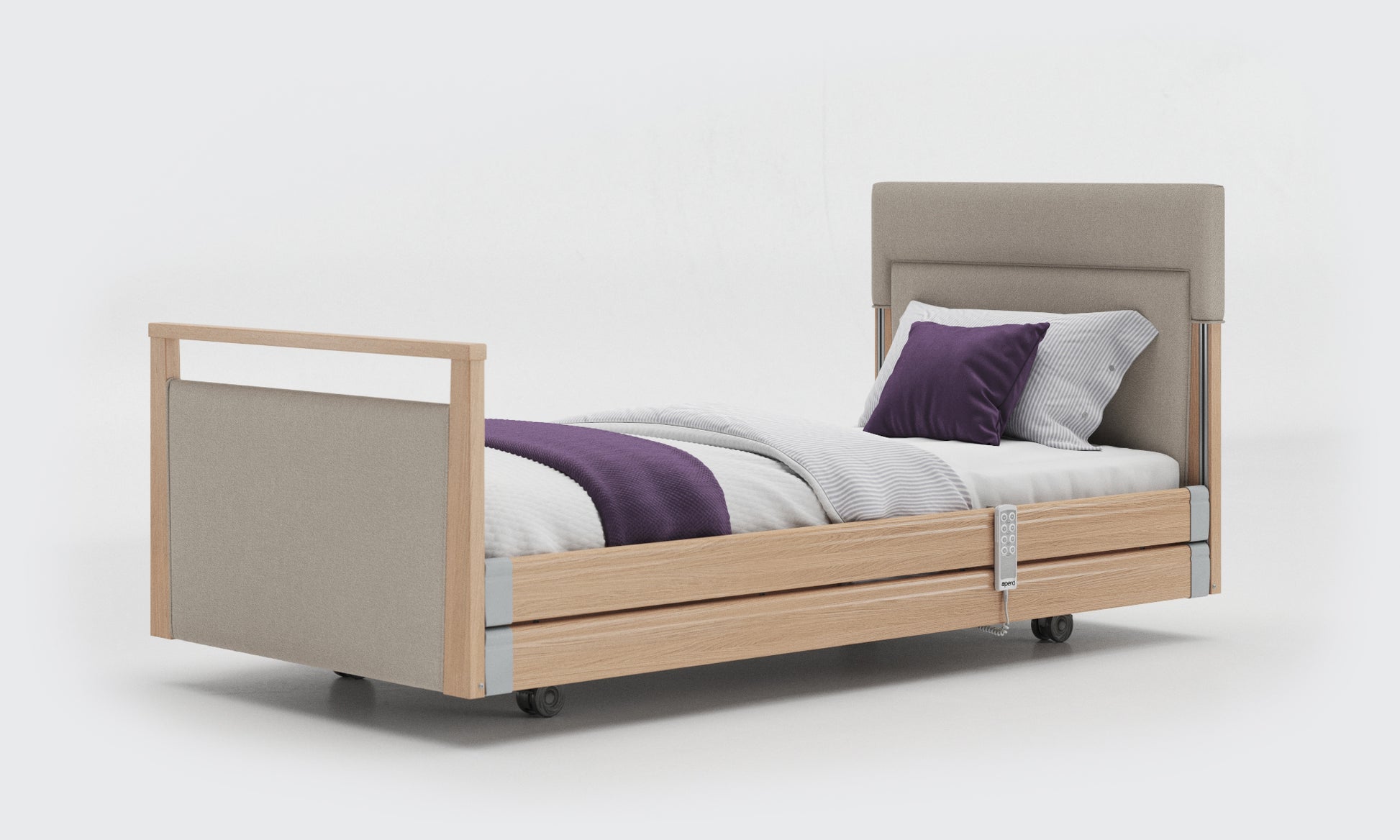 signature bed upholstered 3ft with rails in oak and linen fabric