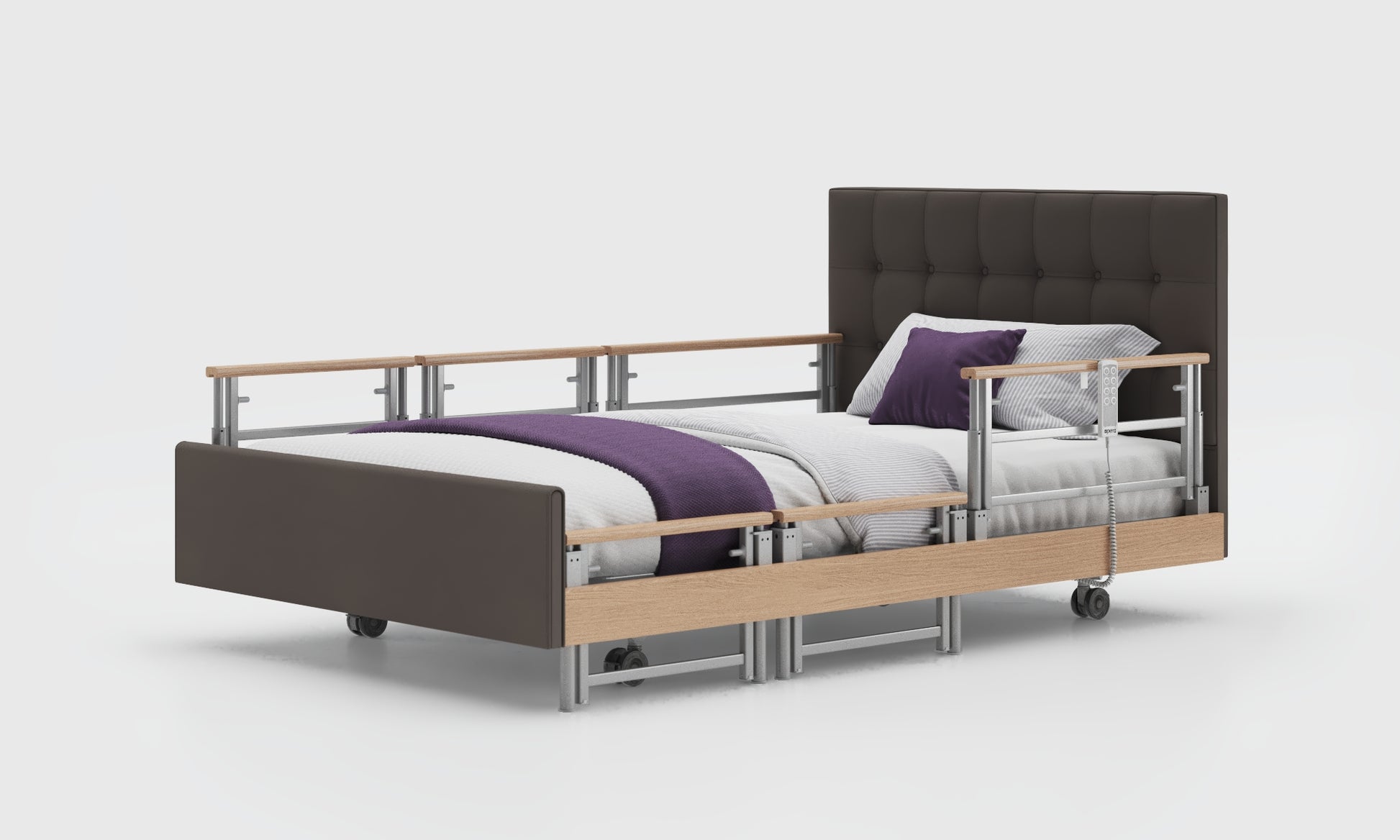 signature comfort 4ft bed with oak tri rails with an emerald headboard in meteor leather