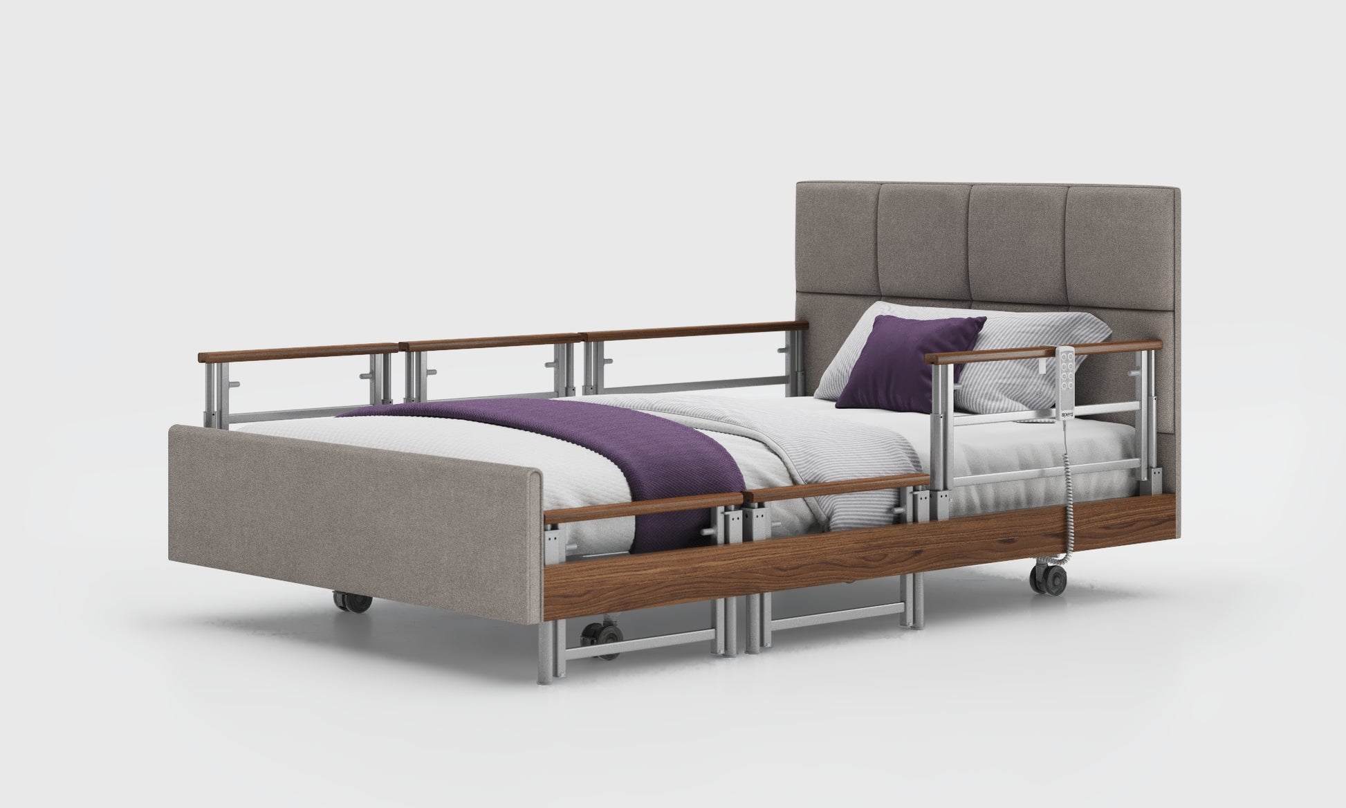 signature comfort 4ft bed with walnut tri rails in the zinc material and opal headboard