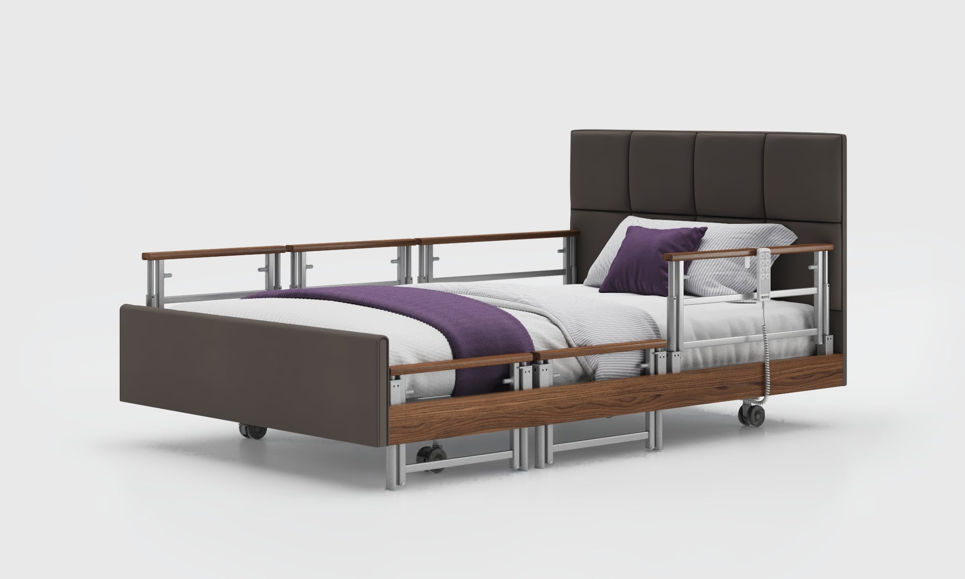 signature comfort 6ft walnut bed with tri rails in the meteor leather and opal headboard