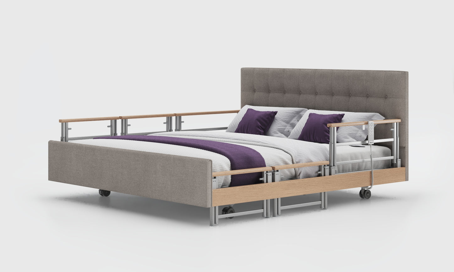 signature comfort 6ft bed and mattress oak tri rails in the zinc material and emerald headboard