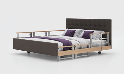 signature comfort 6ft bed and mattress with the oak tri rails in the meteor leather and emerald headboard