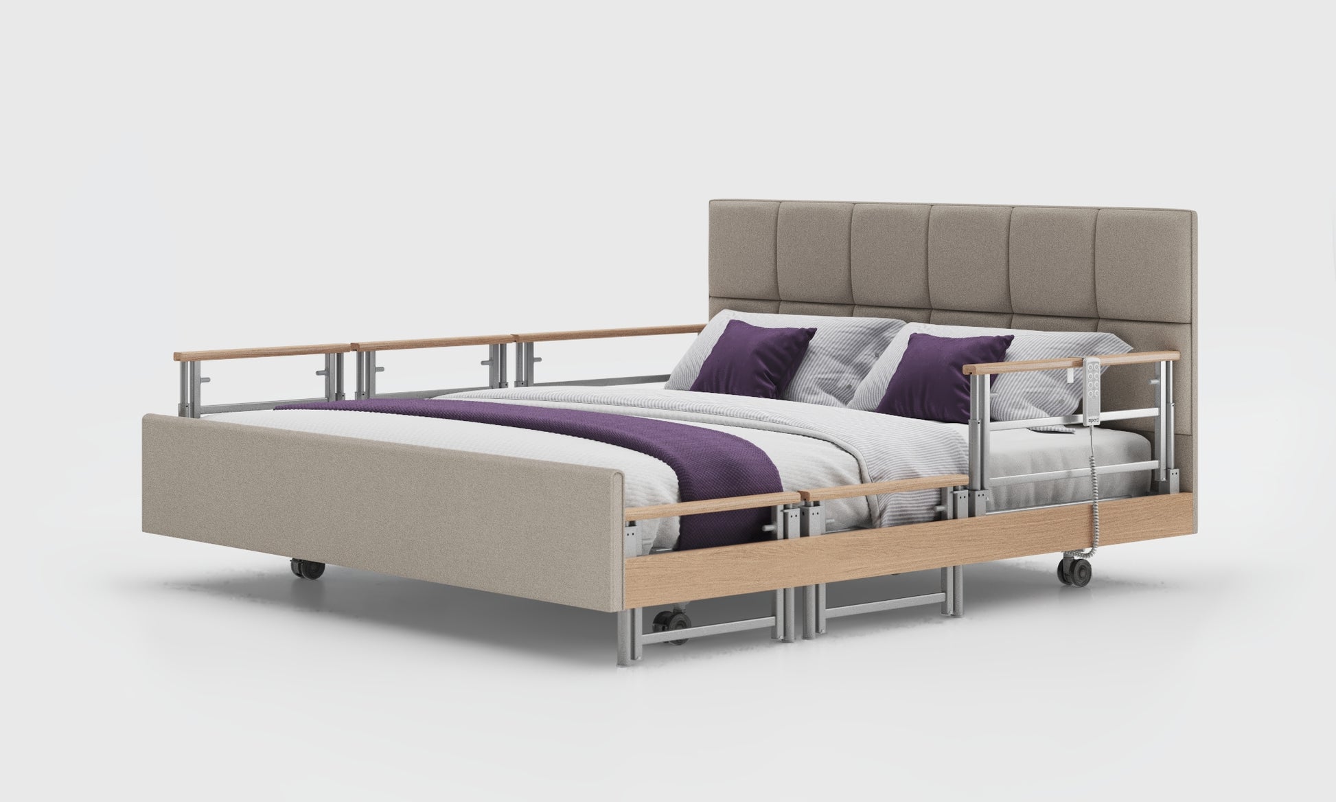 signature comfort 6ft bed and mattress with the oak rails in the linen material and opal headboard