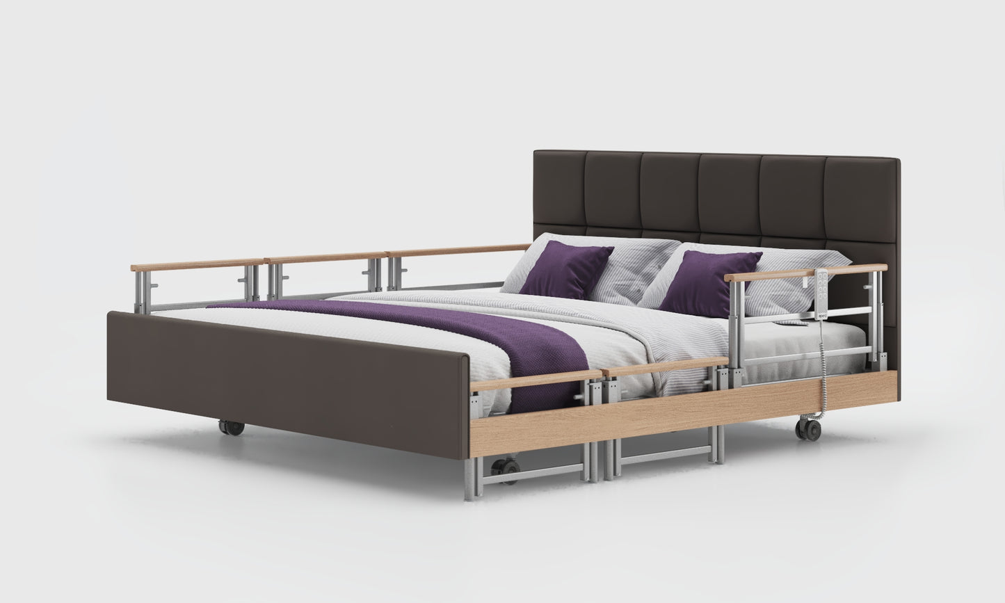 signature comfort 6ft bed and mattress with the oak rails in the meteor leather in the opal headboard