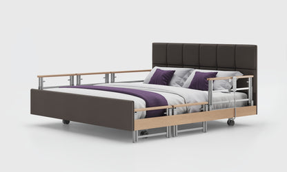 Signature comfort 6ft bed with oak rails and opal headboard in meteor leather