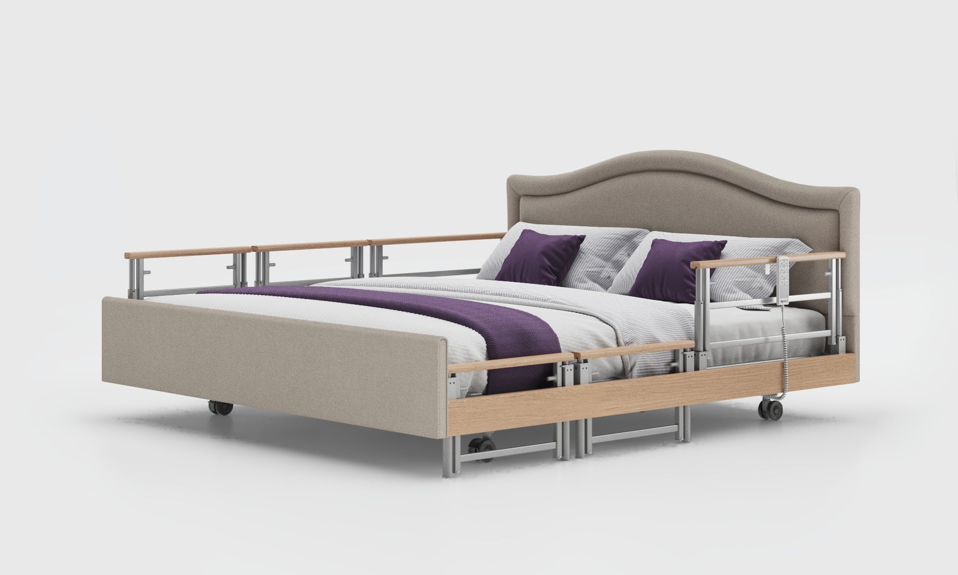 signature comfort 6ft bed and mattress with the oak rails in the linen material and the pearl headboard