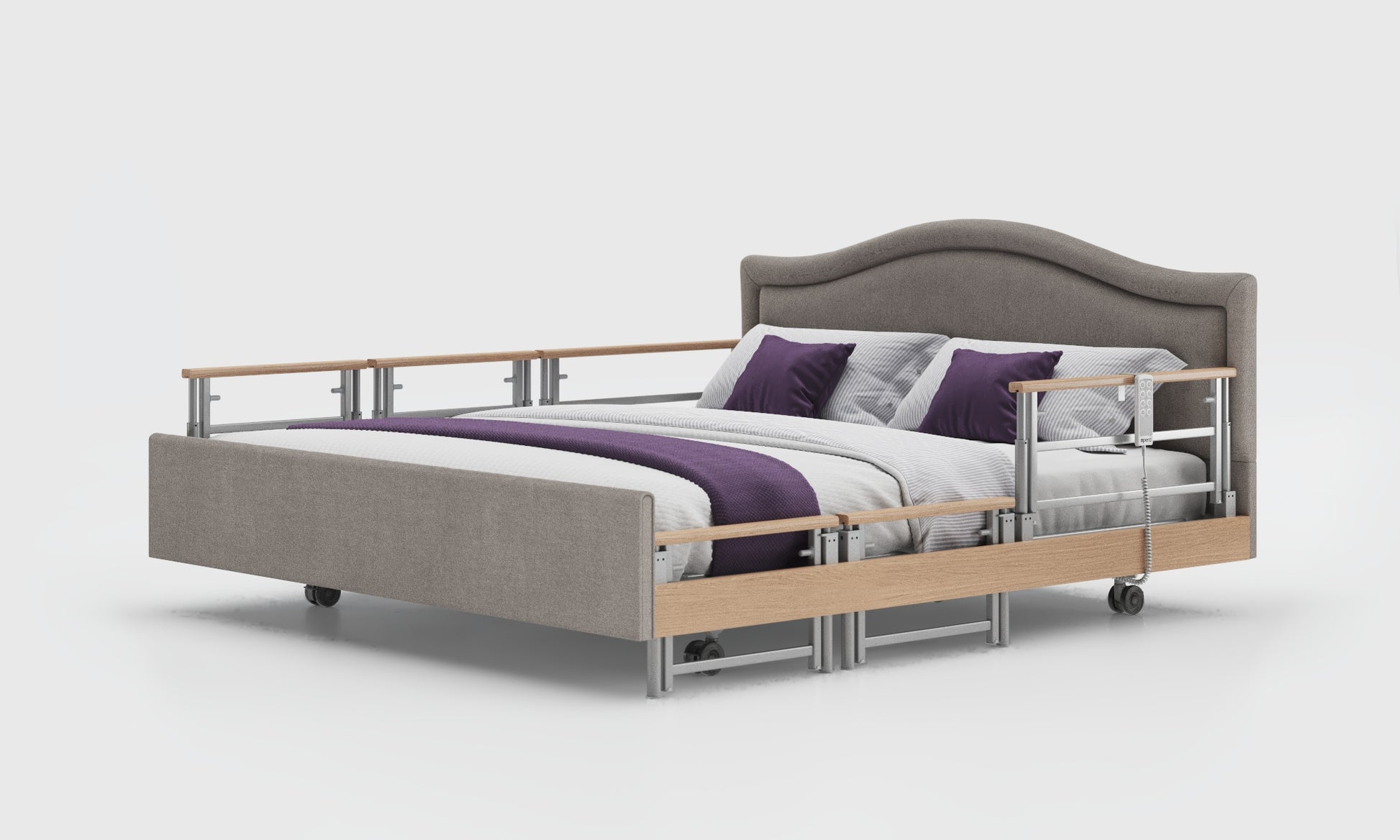 Signature comfort 6ft bed with oak tri rails and pearl headboard in zinc material 