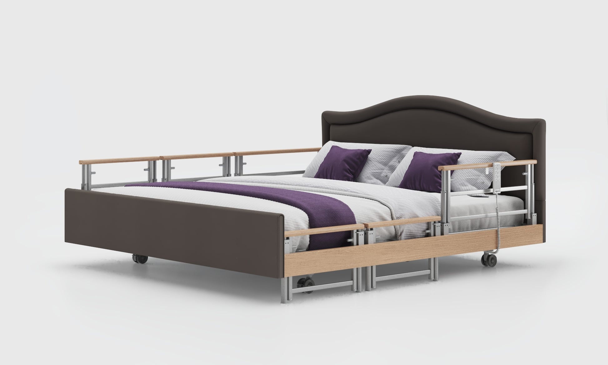 Signature comfort 6ft bed with oak tri rails and pearl headboard in meteor leather