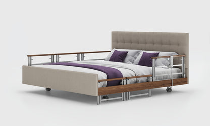 Signature comfort 6ft bed with walnut tri rails in the linen material and emerald headboard