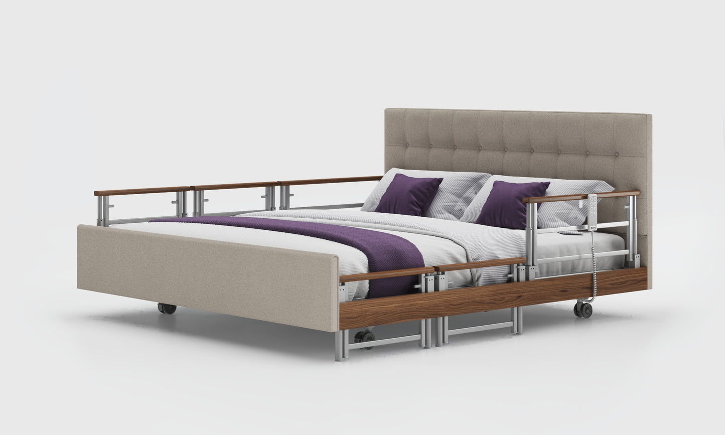 signature comfort 6ft bed and mattress with the walnut tri rails in the linen material and emerald headboard