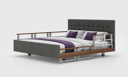Signature comfort 6ft bed with walnut tri rails and emerald headboard in lichtgrau leather