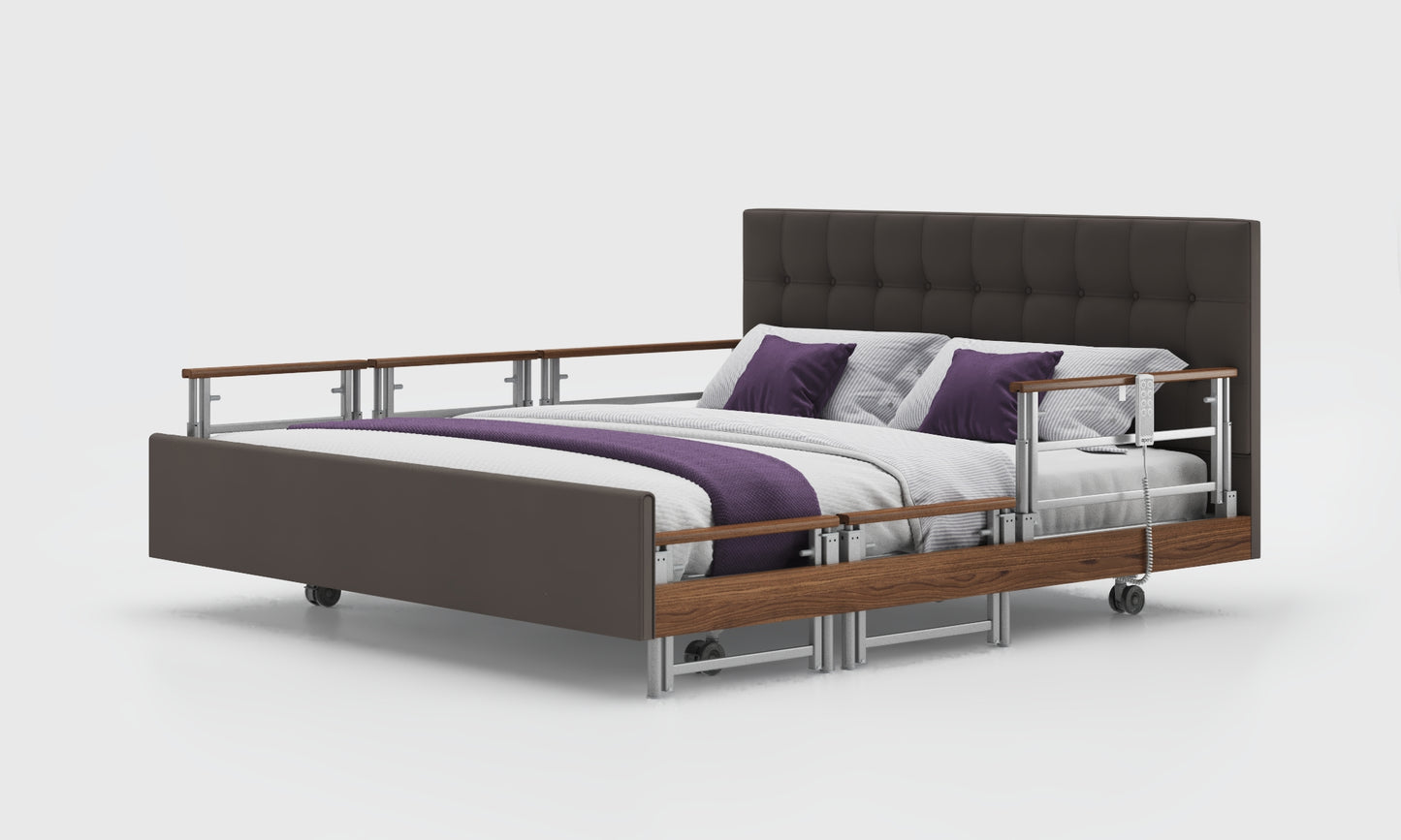 signature comfort 6ft bed and mattress with the walnut tri rails in the meteor leather and emerald headboard