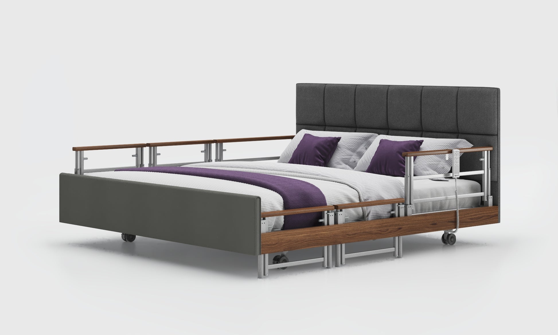 signature comfort 6ft bed and mattress with the walnut rails in the anthracite material in the opal headboard