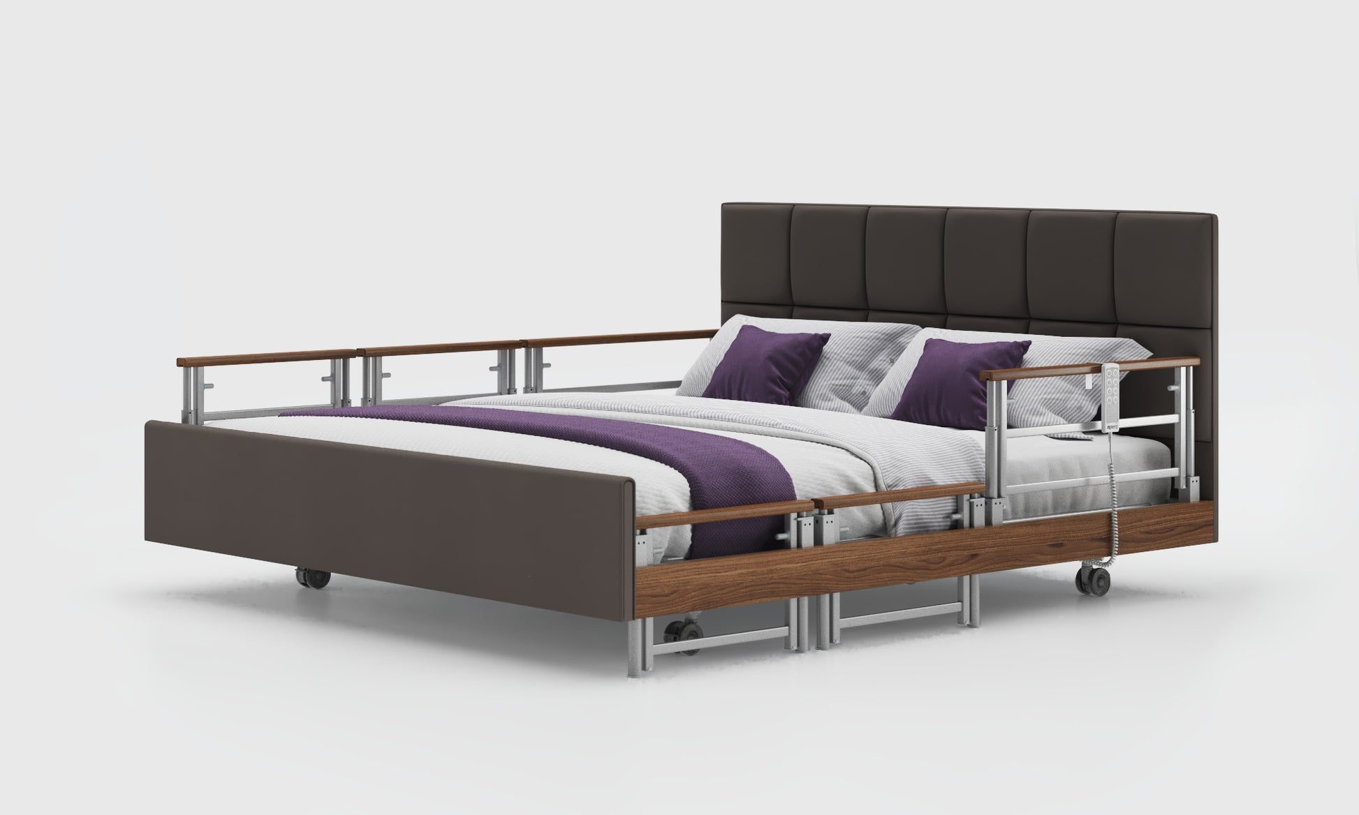 signature comfort 6ft bed and mattress with walnut rails in the meteor leather