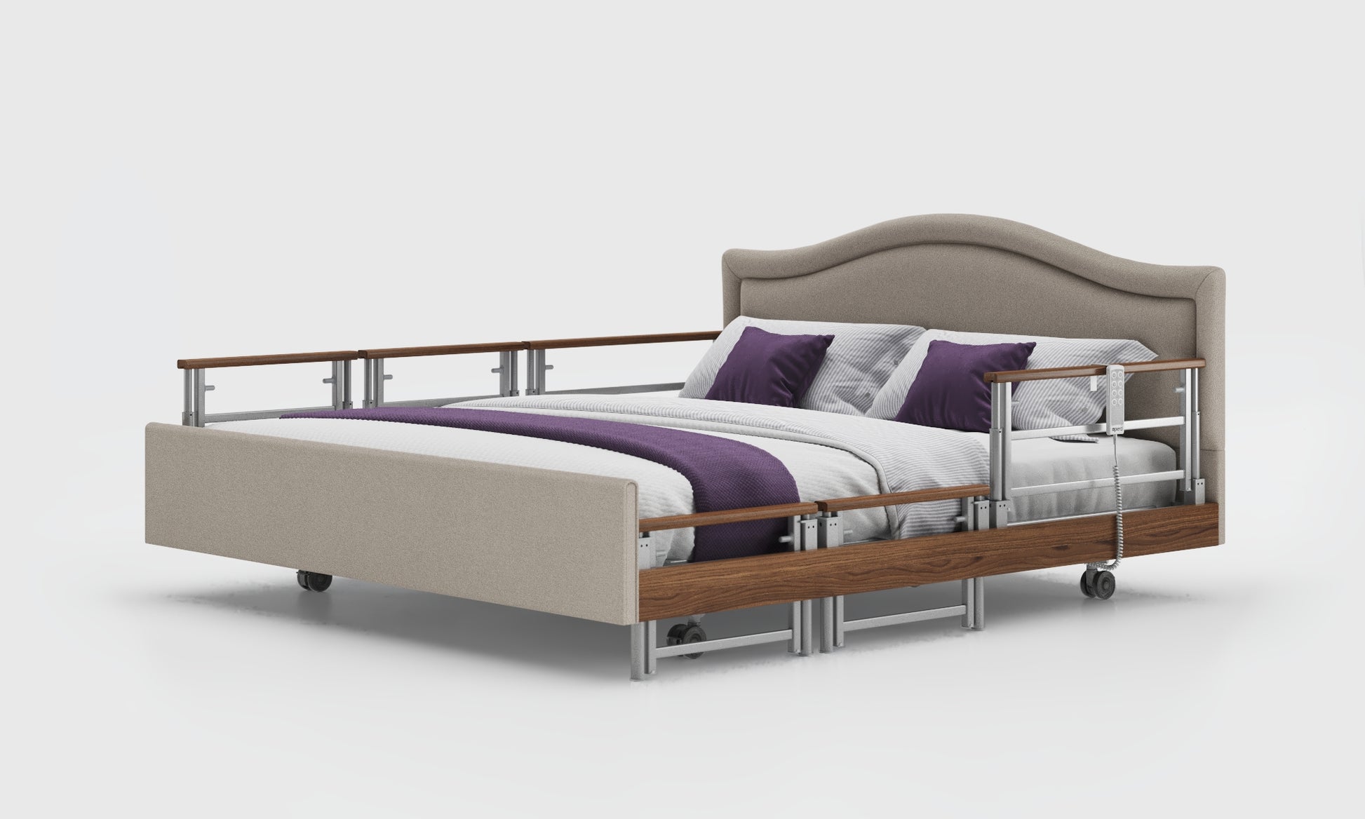 Signature comfort 3ft bed with walnut tri rails and pearl headboard in linen material
