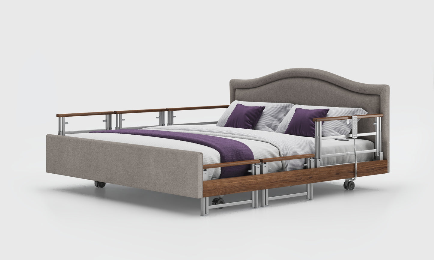 signature comfort 6ft bed and mattress with the walnut tri rails in the zinc material and pearl headboard